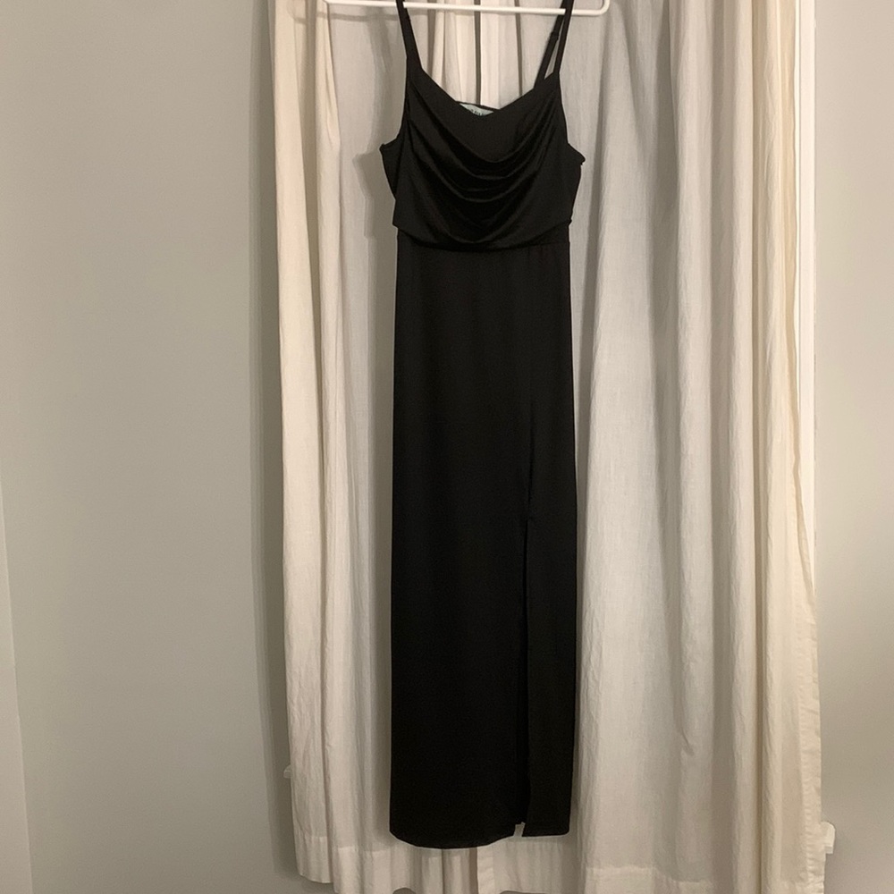 Black silky slit maxi dress with a cowl neck